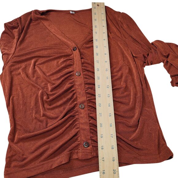 Women's  Slinky Knit Ruched Front Button Down Crop Top Brown Size Medium - Picture 12 of 12